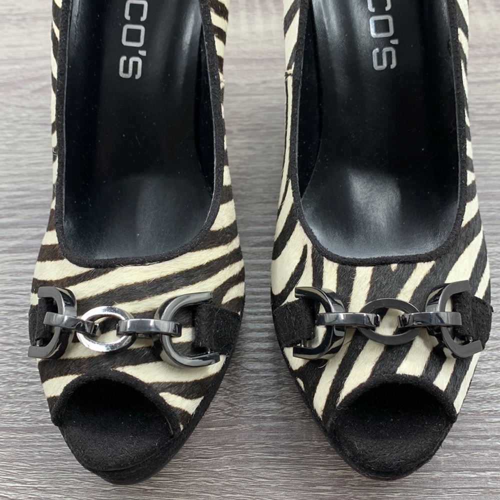 NEW! Chico’s Zebra Print Leather & Fur Heels Slip-ons. 6M. - Picture 5 of 10